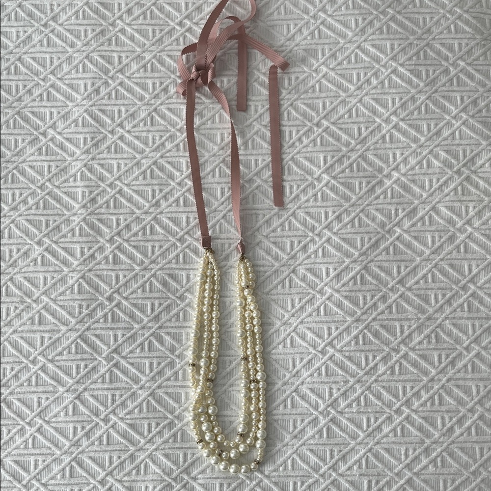 Pearl Multi-Strand Ribbon Tie Necklace in Pink